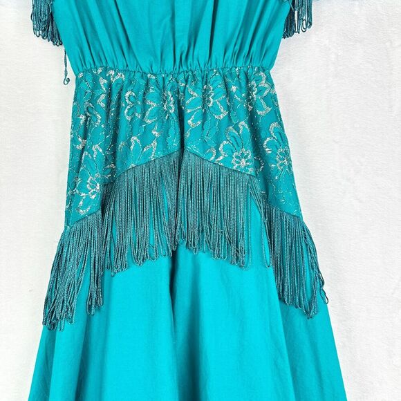 Lilia Smitty 80s Vintage Western Maxi Dress Size 3/4 Small Fringe Rodeo Lace - Picture 11 of 12
